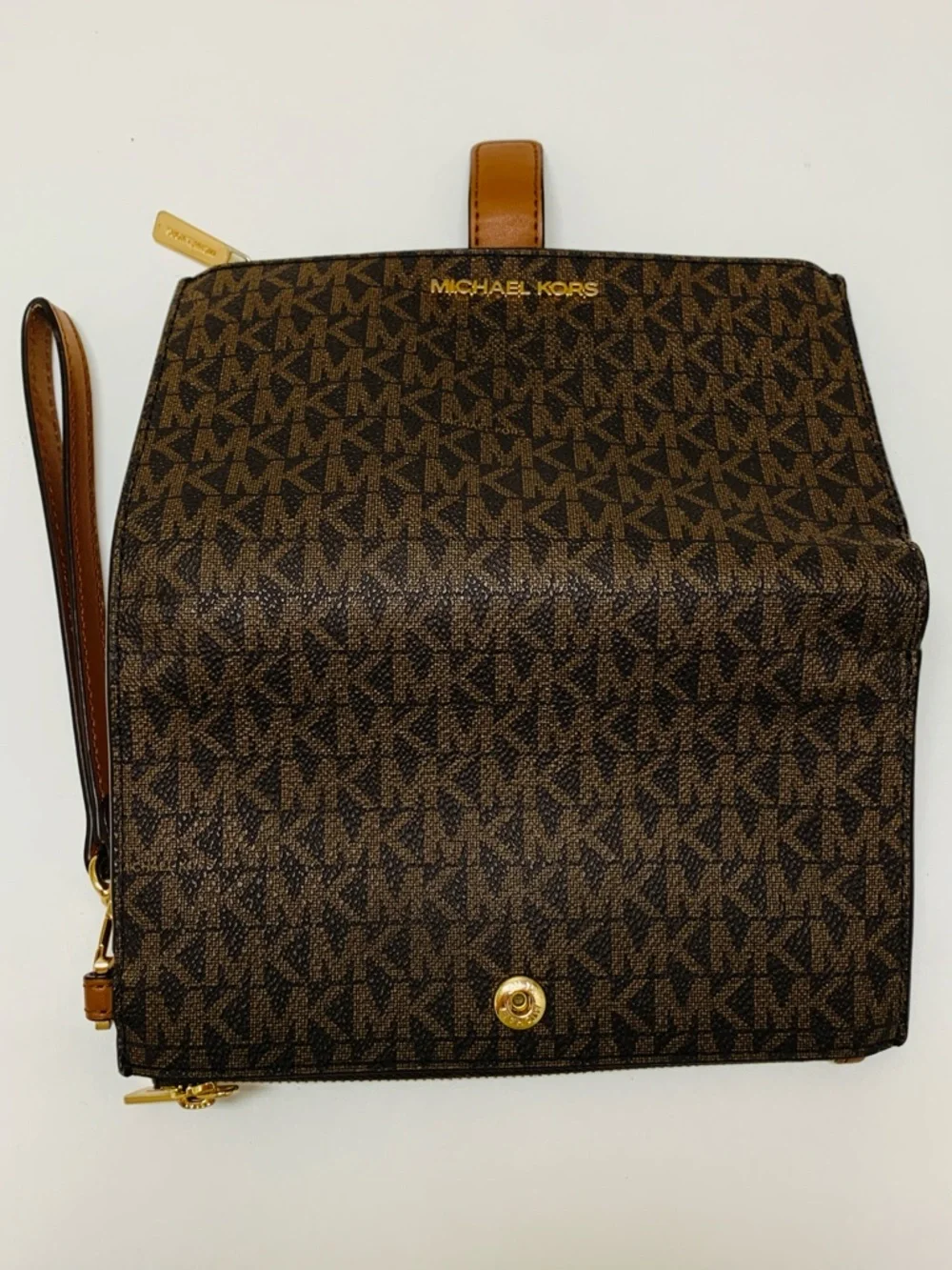 MICHAEL KORS Jet Set Double Zip Wristlet Wallet Brown Monogram Signature Print